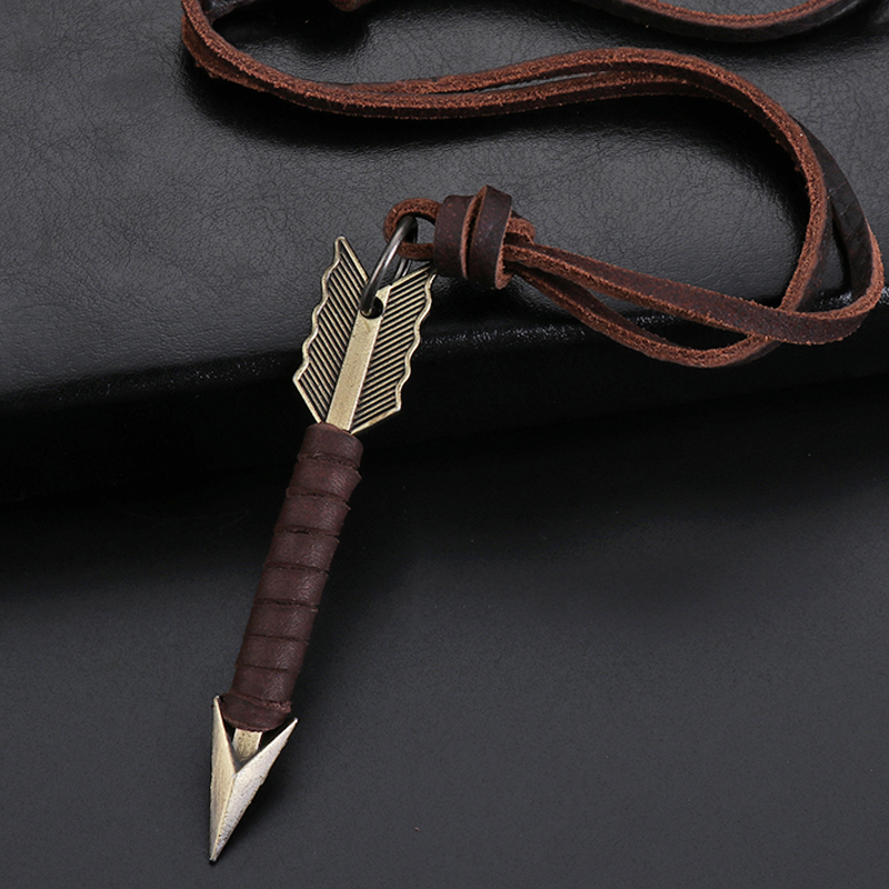Mens Dog Tag Necklace - 1Pc Man Handmade Vintage Leather Arrow