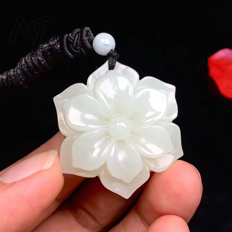 Jewelry & Watches Review - Naturalny Chiński Biały Jadeit Pięciokątny Kwiatowy